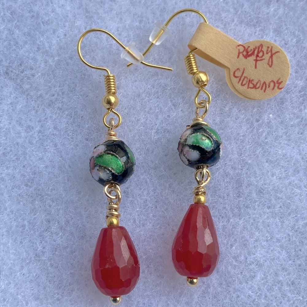 Teardrop Shaped Natural Ruby & Cloisonn Bead Earr… - image 2